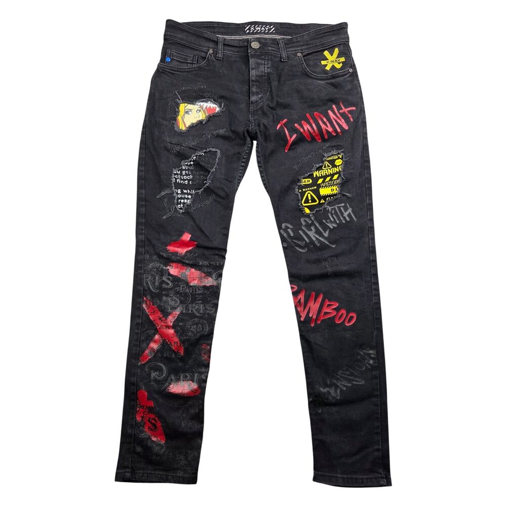 XWAY Mens W33 Black Skinny Jeans Graffiti Graphic Button Fly Y2K Punk Streetwear